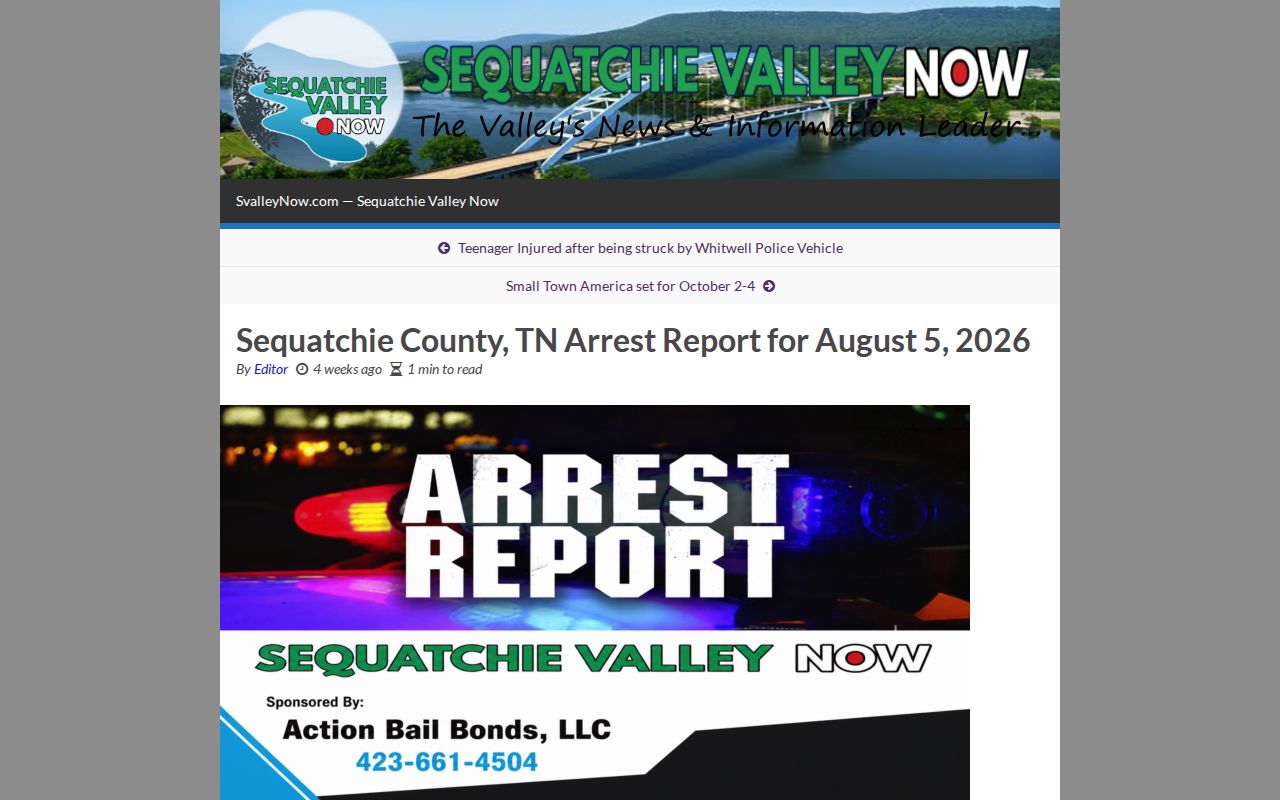 Sequatchie County dated intake report source for booking records